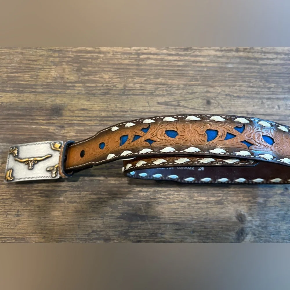 BOYS BLUE INLAYED LONGHORN BELT